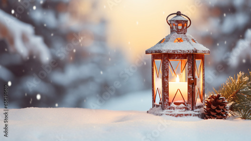 Christmas Lantern On_Snow With Fir Branch in the Sunlight, lantern, lamp, christmas, light, candle, old, metal, snow, winter, decoration, vintage, glass, antique, object, oil, isolated, fire, samovar, © Pana