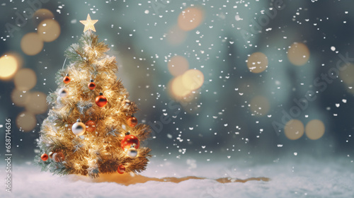 Christmas tree outdoor with snow lights, christmas, tree, winter, snow, holiday, xmas, celebration, illustration, star, christmas tree, night, decoration, vector, season, card, new year, snowflake © Pana