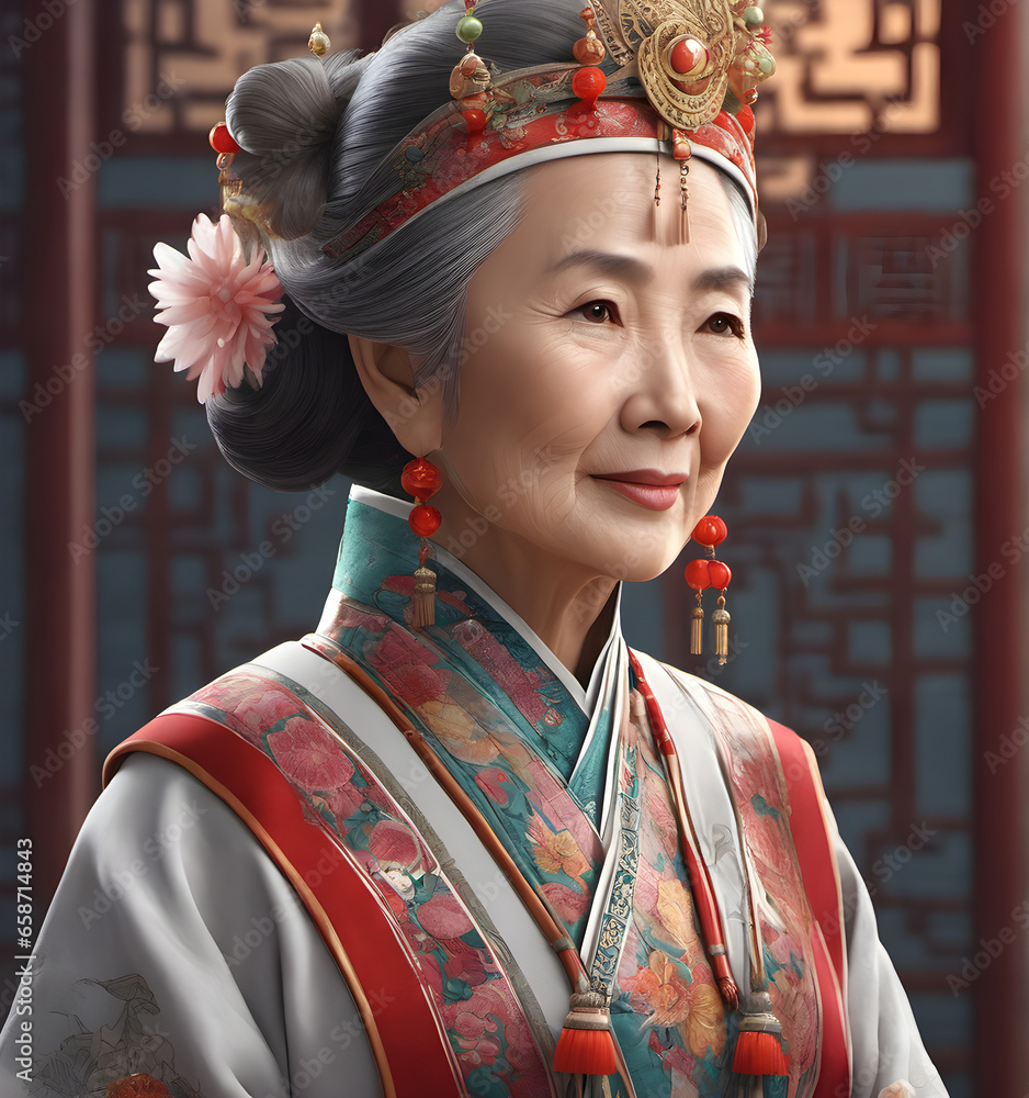 Obraz premium Graceful Elderly Chinese Woman in Traditional Attire. generative AI