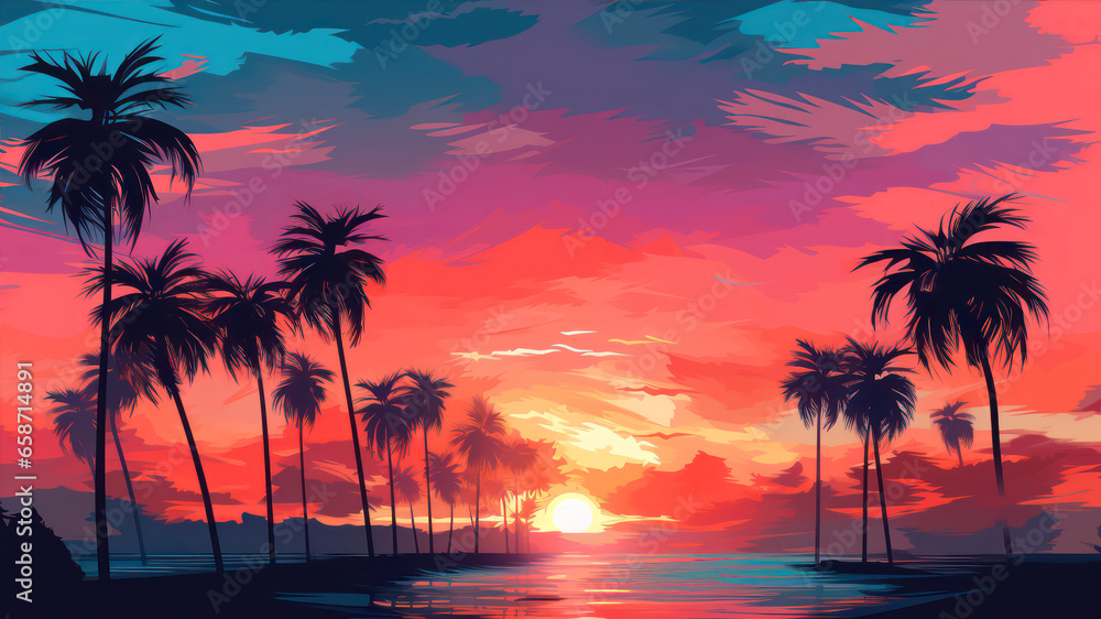 Beautiful sunset on the beach with palm trees. 