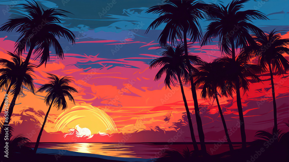 Illustration of a sunset on the beach with palm trees silhouettes