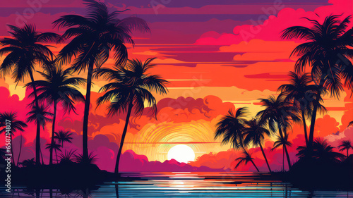 Tropical sunset with palm trees silhouettes. Vector illustration. © Ula