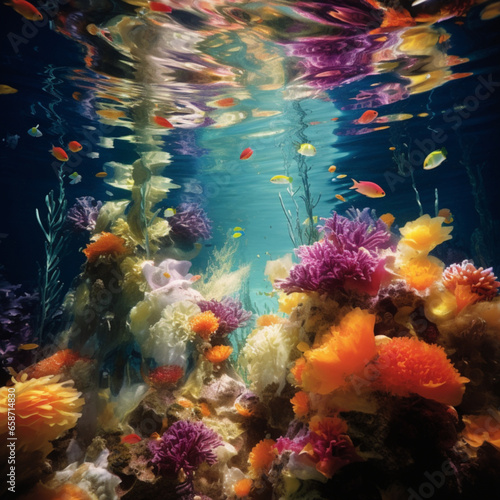 A rainbow of seven-colored flowers arching underwater in a highly transparent sea.