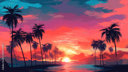Beautiful sunset on the beach with palm trees. 