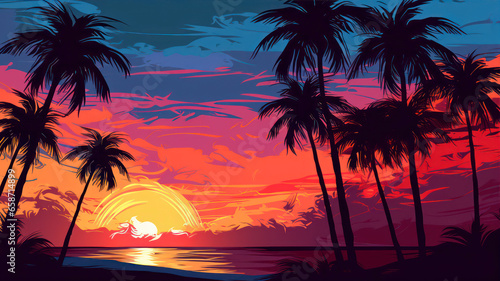 Illustration of a sunset on the beach with palm trees silhouettes © Ula