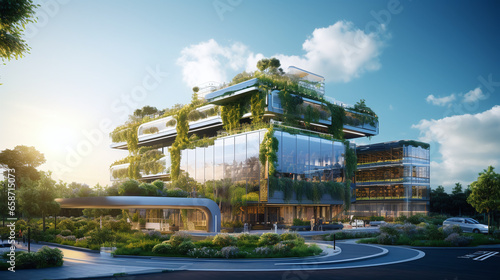 Concept of a futuristic building with plants for renewable energy photo