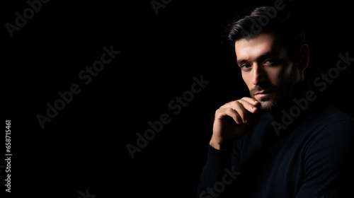Confident Bearded man portrait Thinking stylish young man looking at camera with Black Background Bearded stylish businessman look confident Handsome thoughtful leader young guy thinking something