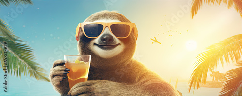 Happy smilling sloth in hot hat on summer beach photo