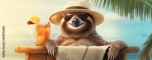 Happy smilling sloth in hot hat on summer beach