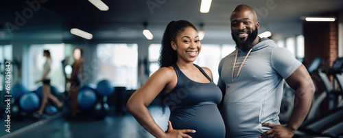 banner portrait pregnant african american couple in gym, family man and woman does sport together in sportswear, black sporty expecting lady , Healthy lifestyle during pregnancy, copyspace photo