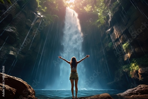 Young woman in a bikini in the waterfall