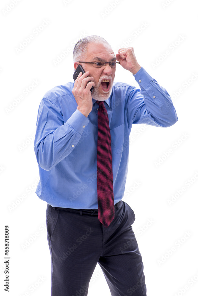 Old businessman talking by phone isolated on white Old businessman talking by phone isolated on white