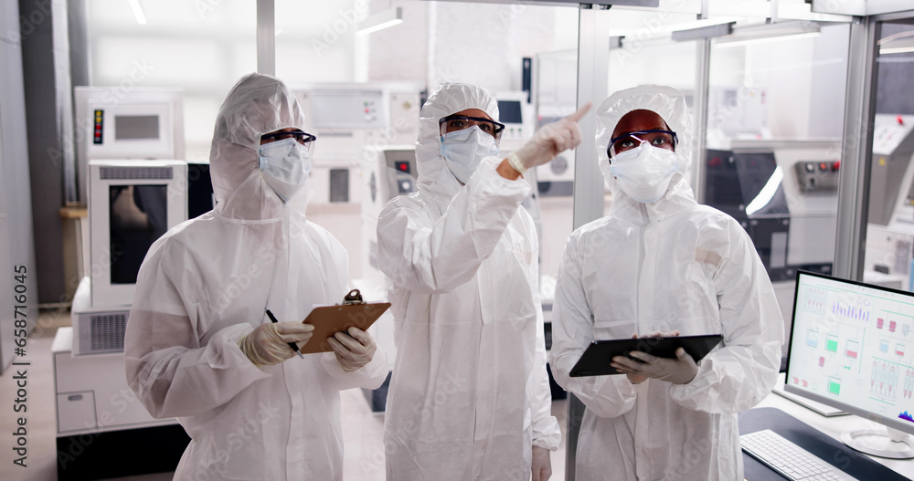 Fototapeta premium Sterile Semiconductor Manufacturing Factory And Workers