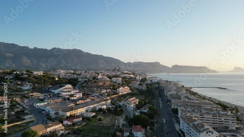 Aerial view of coastal village in Spain. Forward Flight. Altea, Costa Blanca.