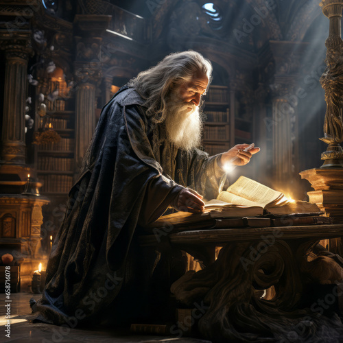Vászonkép An old shrewd arcane scribe reading a scroll in a library