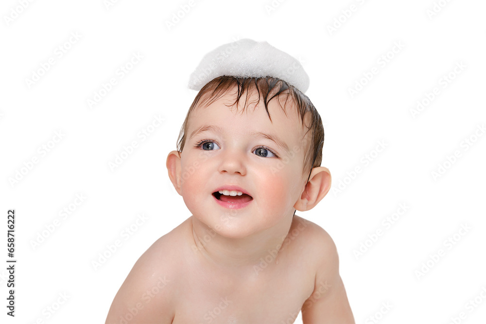 Child sitting in a white tub with soap suds, isolated on a white background. Washes baby head with shampoo, isolated on a white background. Kid aged one year and three months Child sitting in a white tub with soap suds, isolated on a white background. Washes baby head with shampoo, isolated on a white background. Kid aged one year and three months