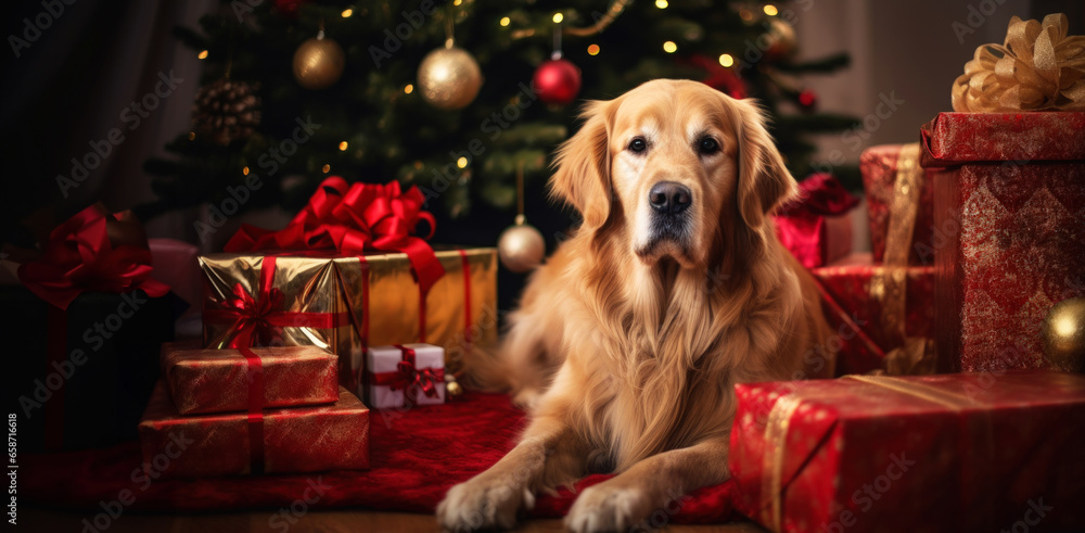 Golden retriever dog under the christmas tree with presents and copy space