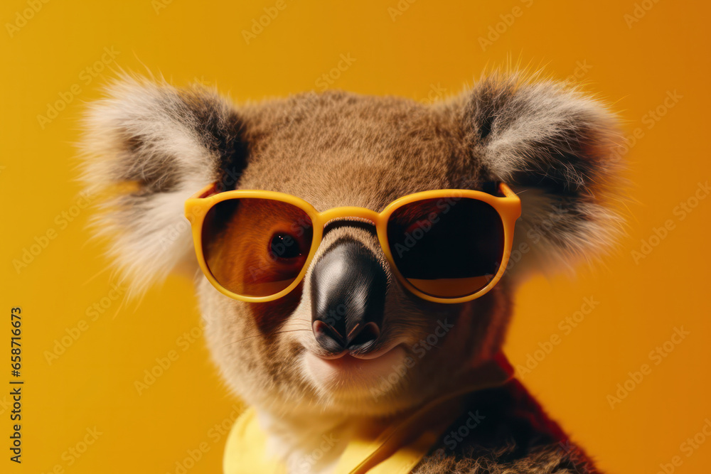 Charming koala with adorable furry ears and cool sunglasses sitting in the eucalyptus tree. A cute and fashionable Australian icon. AI generated.