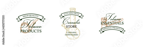Set of tobacco shop vintage logo templates with hand drawn elements. Vector illustration in sketch style