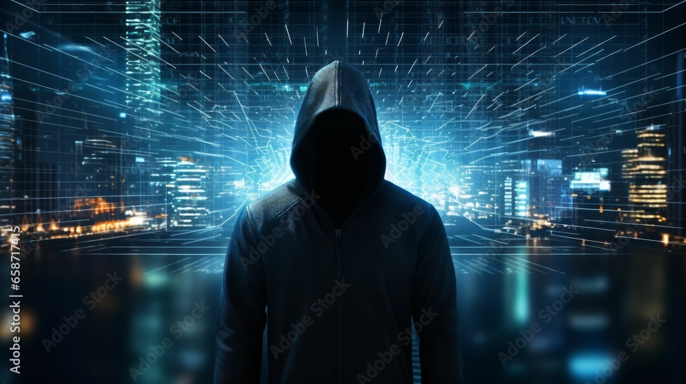 Computer hacker in hoodie with data technology background, internet fraud and cyber security concept Computer hacker in hoodie with data technology background, internet fraud and cyber security concept