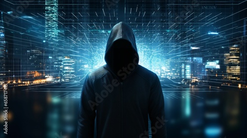Computer hacker in hoodie with data technology background, internet fraud and cyber security concept