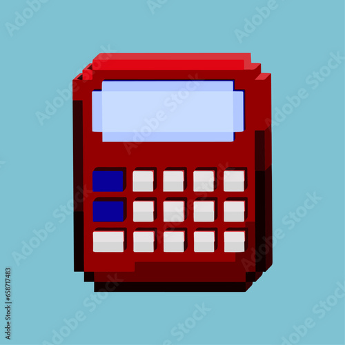 Isometric Asset from Pixel art square 3d of red calculator for  items asset. Isomeric calculator on pixelated style. 8bits perfect for game asset or design asset element for your game design.3d pixel