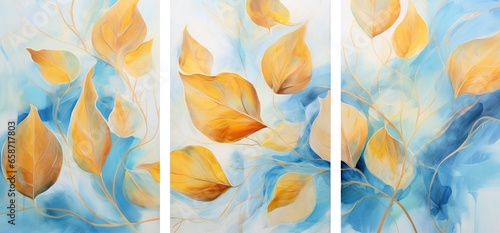 Three paintings of yellow leaves on a blue background