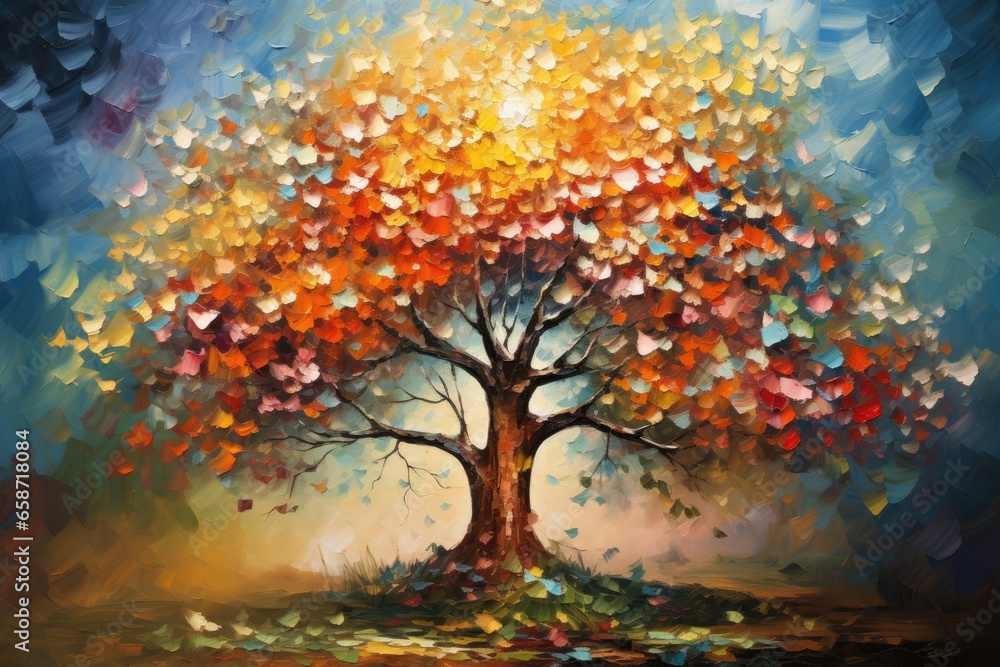 A vibrant and lush tree painting with an abundance of colorful leaves