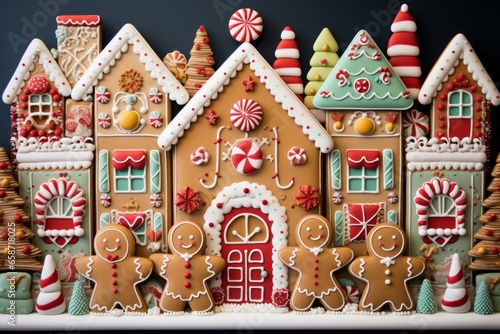 Photo of a festive display of gingerbread houses arranged in a row created with Generative AI technology
