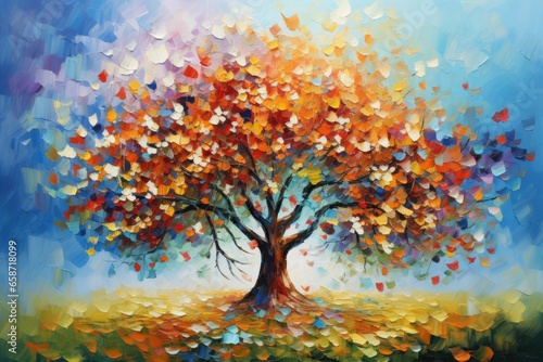 A vibrant and lush tree painting bursting with colorful leaves © pham