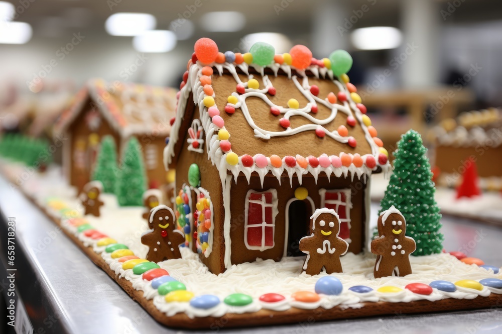 Photo of a festive display of gingerbread houses arranged in a row created with Generative AI technology