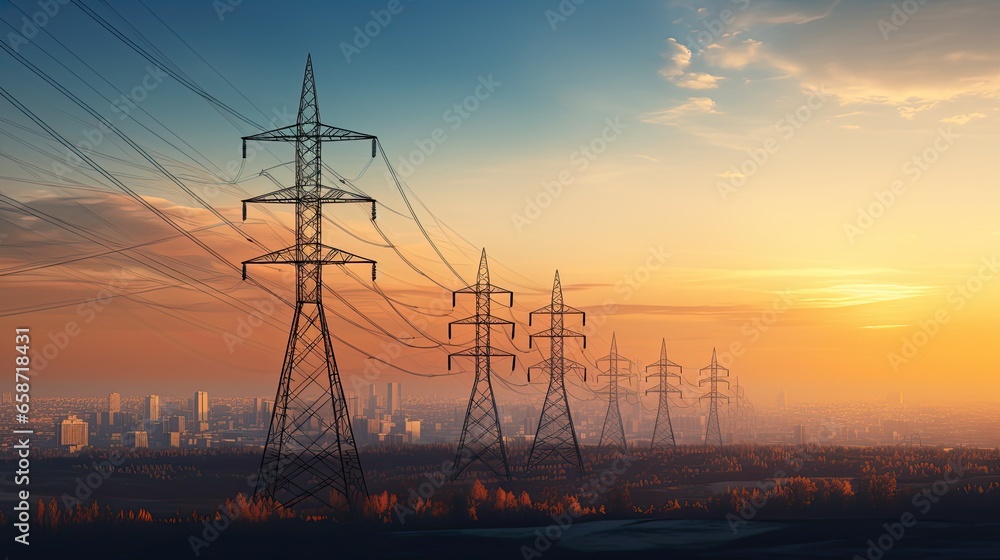 Silhouette of High voltage electric tower on sunset time background - obrazy, fototapety, plakaty 