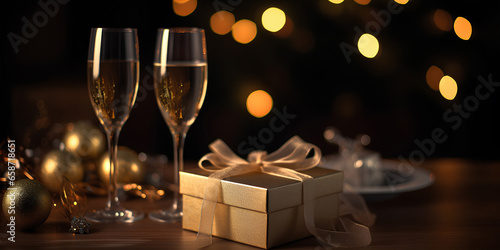 Glasses of champagne. Gift boxes and Christmas tree on background © tynza