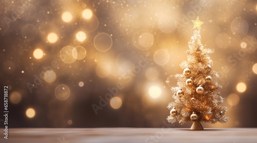Gold Christmas background of de - focused lights with decorated tree