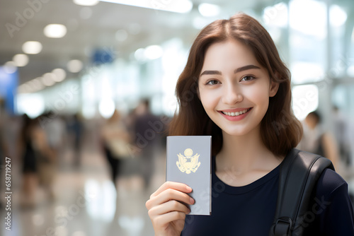 Beautiful young Asian woman smiling holding a passport in the airport terminal, Nomad visa, Travel visa