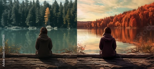 Two people enjoying the view of a serene lake while sitting on a log
