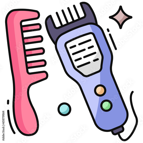 Modern technology icon of electric trimmer with comb, barber accessories 