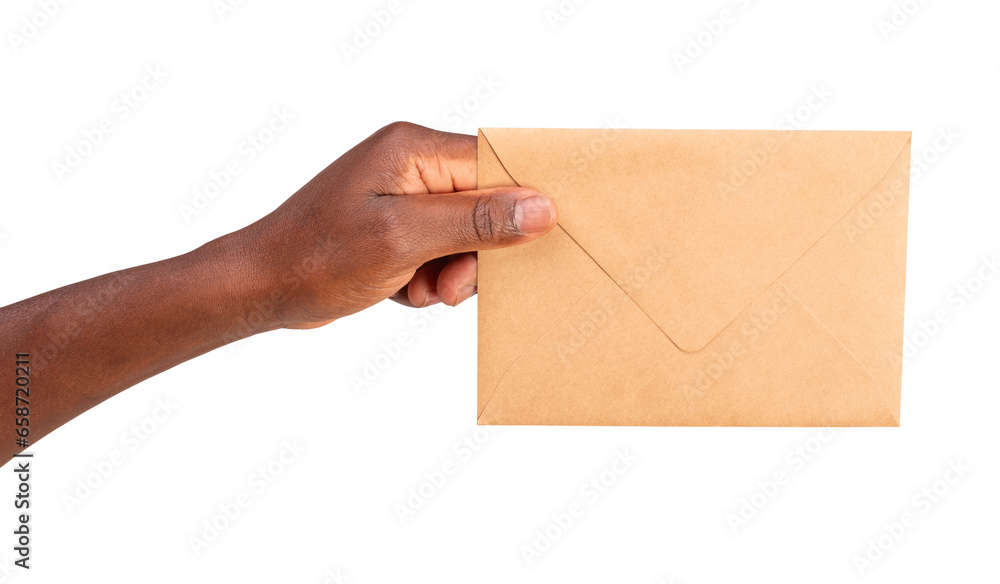 Man holding a brown paper envelope isolated on white or transparent background