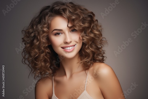 A woman with curly hair wearing a bra