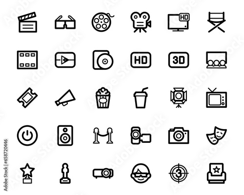 Simple Set of Cinema-Related Vector Icons. Contains such Icons as movie Theater, TV, popcorn, video Clip and more. Editable Vector