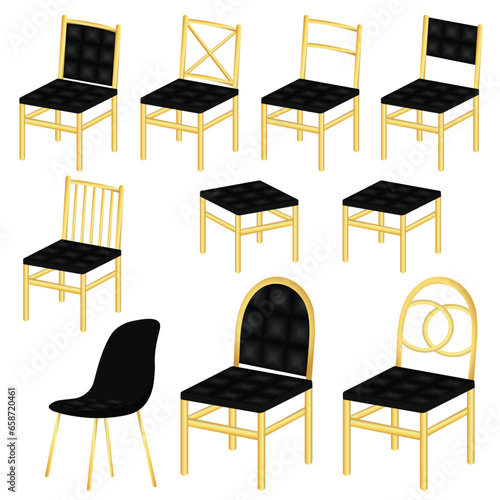 Set of vector chairs of different shapes and design . cartoon flat illustration. Chair & seating set vector illustration.