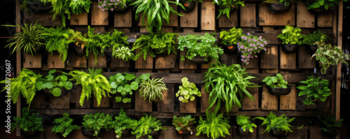 Old pallets with hanging green plants,