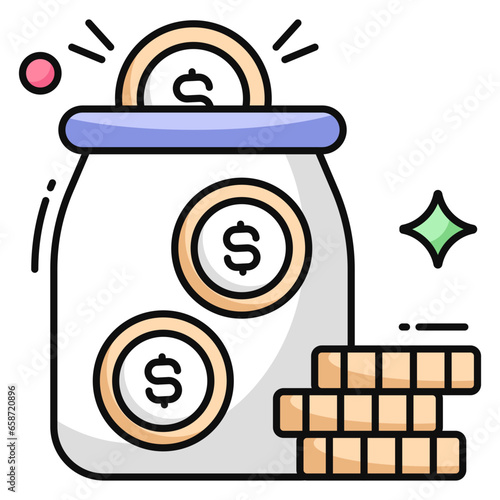 Dollar insider glass bottle, flat design of money jar