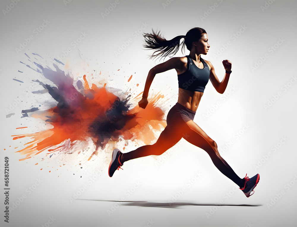Dynamic Silhouette of a Woman Runner on Colorful Background. generative AI