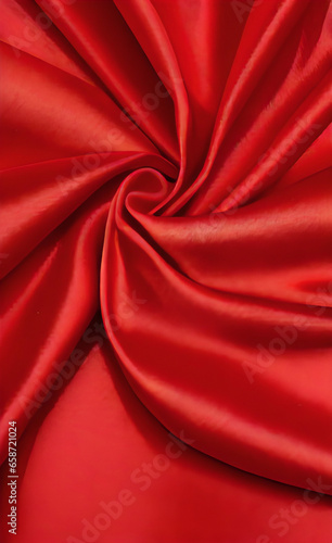 Red silk satin background. Beautiful soft wavy folds on smooth shiny fabric. Anniversary, Christmas, wedding, valentine, event, celebration concept. Red luxury background with copy space for design.