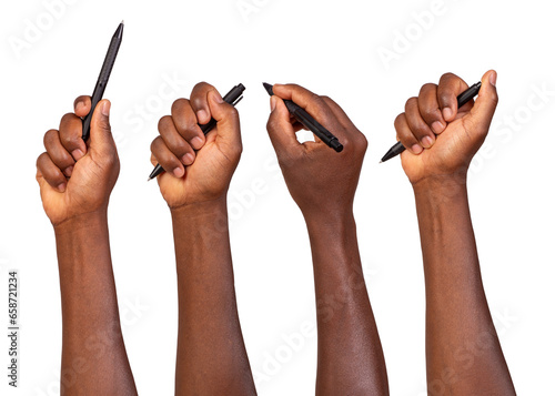 Man holding a pen in a hand and writing, drawing, and pointing, isolated on white or transparent background	