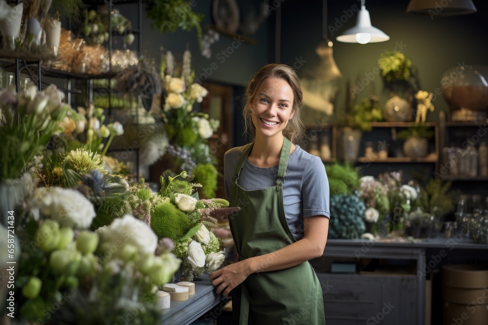 A woman surrounded by a colorful display of flowers at a flower shop counter A woman surrounded by a colorful display of flowers at a flower shop counter