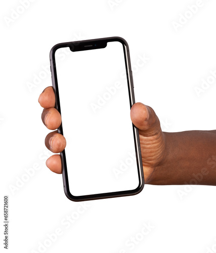 Hand holding smart phone with blank screen isolated on transparent or white background