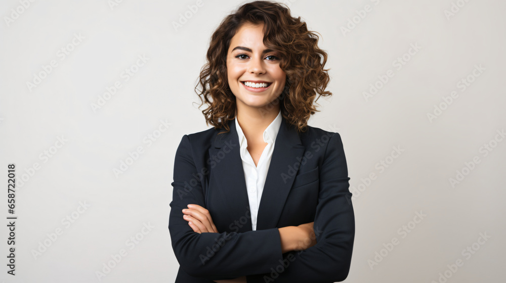 Successful businesswoman standing in grey background and looking at camera. Woman entrepreneur in a coworking space smiling. Portrait of beautiful business woman standing in isolated grey background Successful businesswoman standing in grey background and looking at camera. Woman entrepreneur in a coworking space smiling. Portrait of beautiful business woman standing in isolated grey background