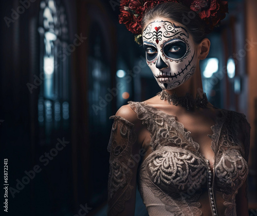 Young woman dressed for Day of the Dead (Día de los Muertos) celebrations with elaborate makeup including black and white colorful face paint, black eyes, and a bouquet of roses © BerndRolauffs